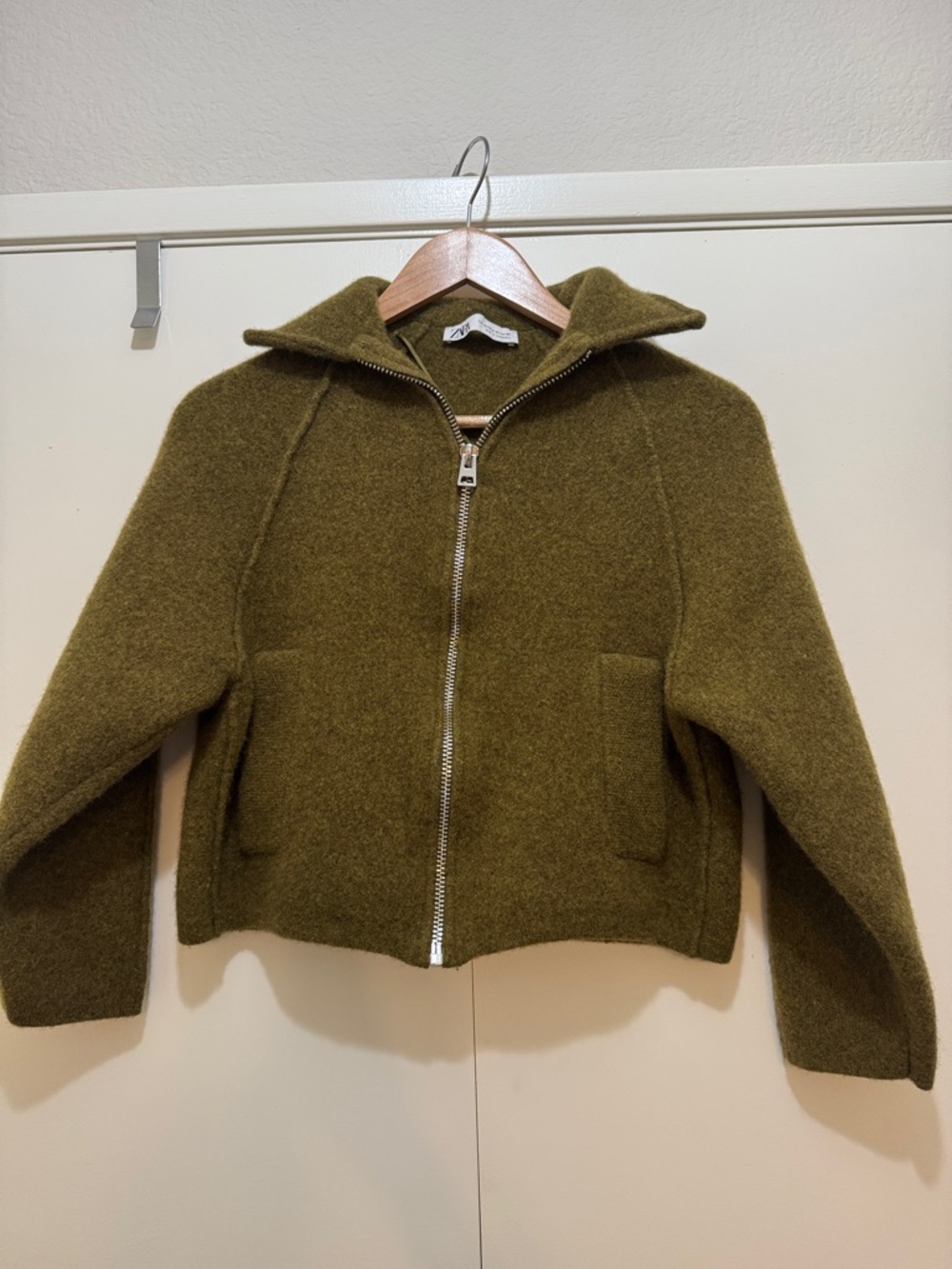 Zara Olive Green Wool Zip-Up Jacket